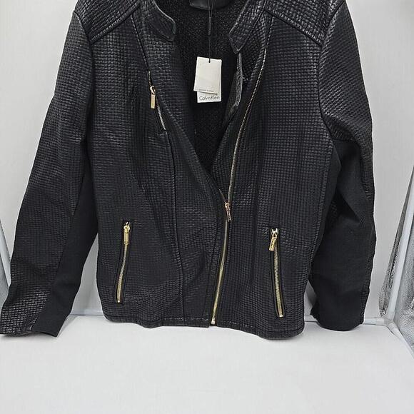 Calvin Klein L Black Vegan Leather Gold Chic Luxury UQ Urban Chic Jacket NWT - Picture 8 of 13